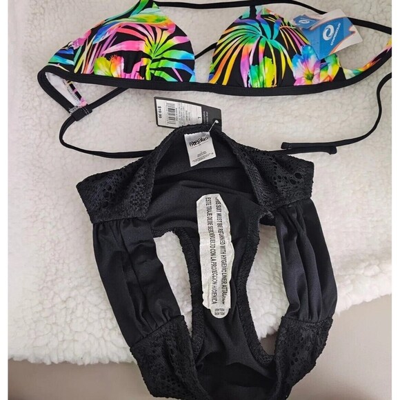 Small O'Rageous Swim Bikini Tropical Top Large Mossimo Black Bikini Bottoms NEW - Picture 4 of 8
